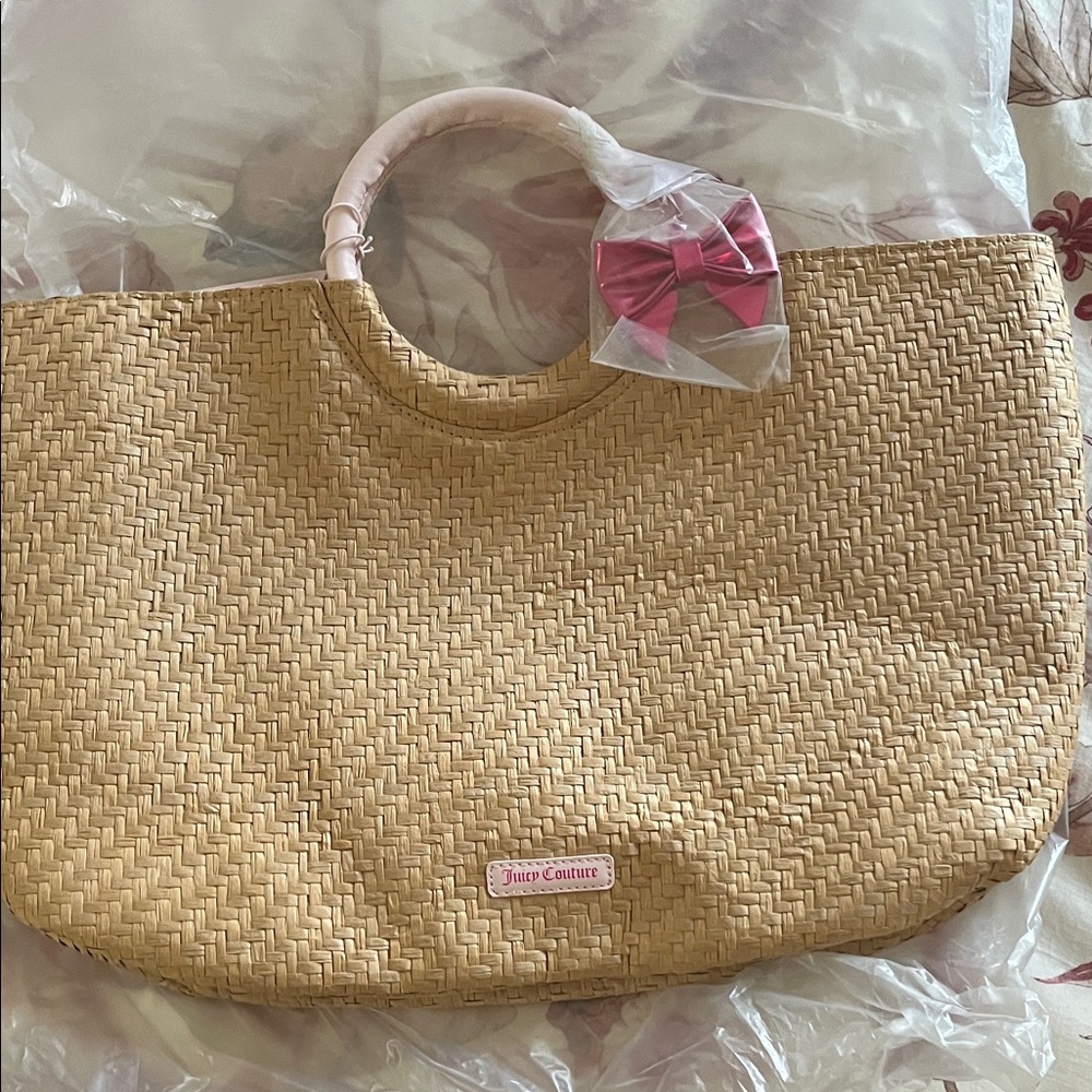 Juicy Couture Beige Woven Tote with Pink Bow